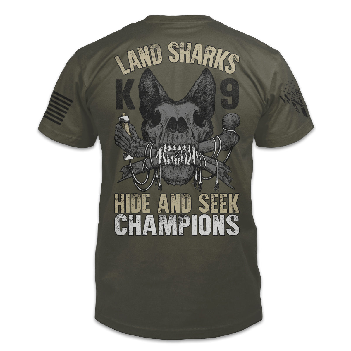 A olive green t-shirt with the words "land shark" and a the skeleton of k9 police dog printed on the back of the  shirt.