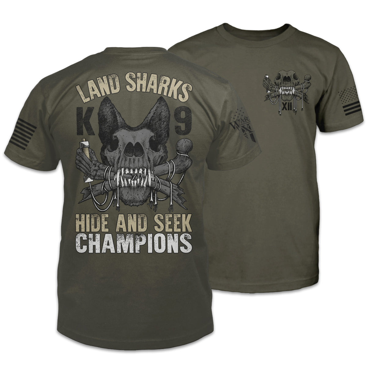 Front & back olive green t-shirt with the words "land shark" and a the skeleton of k9 police dog printed on the shirt.