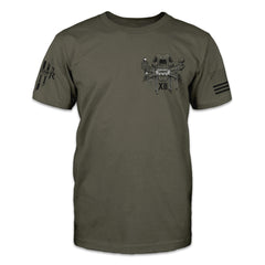 An olive green t-shirt with a k9 skull printed on the front.