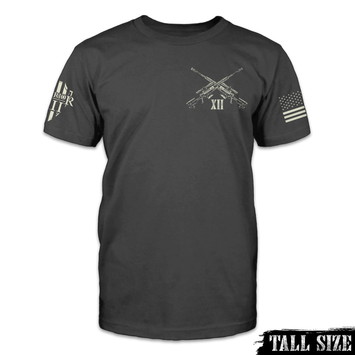 A grey tall size shirt with two guns crossed over printed on the front of the shirt.