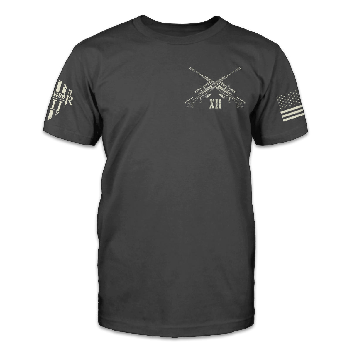A grey t-shirt with two guns crossed over printed on the front of the shirt.