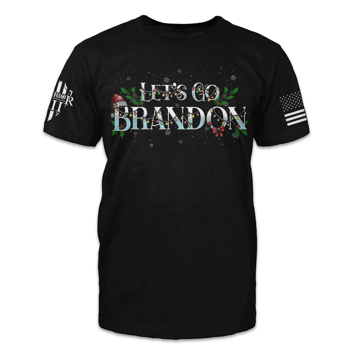 A black t-shirt with the words "Let's Go Brandon" with Christmas decorations printed on the front of the shirt.
