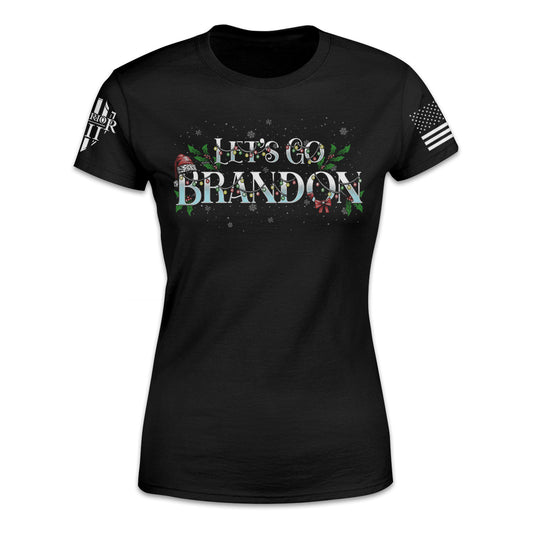 A black women's relaxed fit shirt with the words "Let's Go Brandon" with Christmas decorations printed on the front of the shirt.