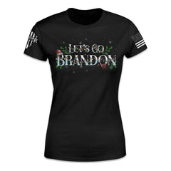 A black women's relaxed fit'shirt with the words "Let's Go Brandon" with Christmas decorations printed on the front of the shirt.