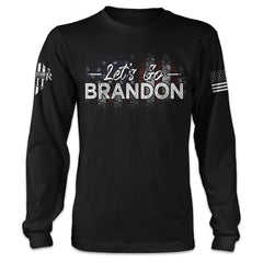 A black t-shirt with the words "Let's Go Brandon" in front of a USA flag printed on the front of the shirt.
