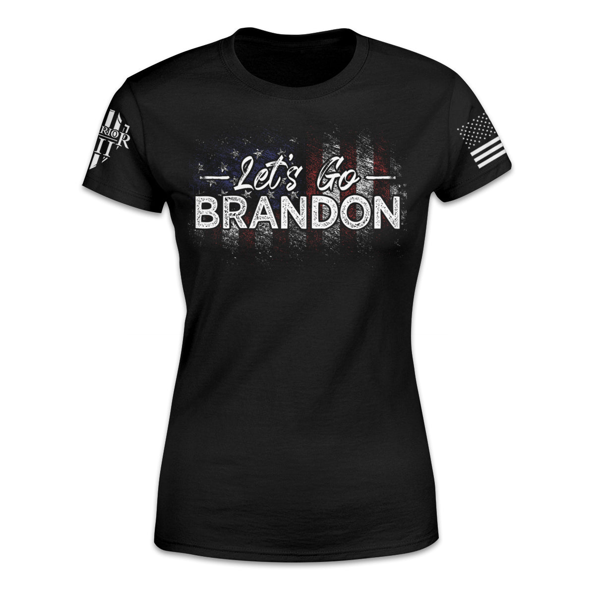 A black women's relaxed fit shirt with the words "Let's Go Brandon" in front of a USA flag printed on the front of the shirt.