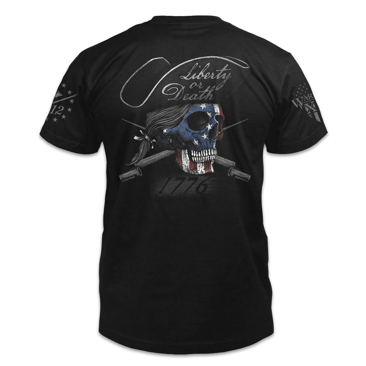 A black t-shirt with the words "Liberty or Death" with a USA themed skeleton head printed on the back of the shirt.