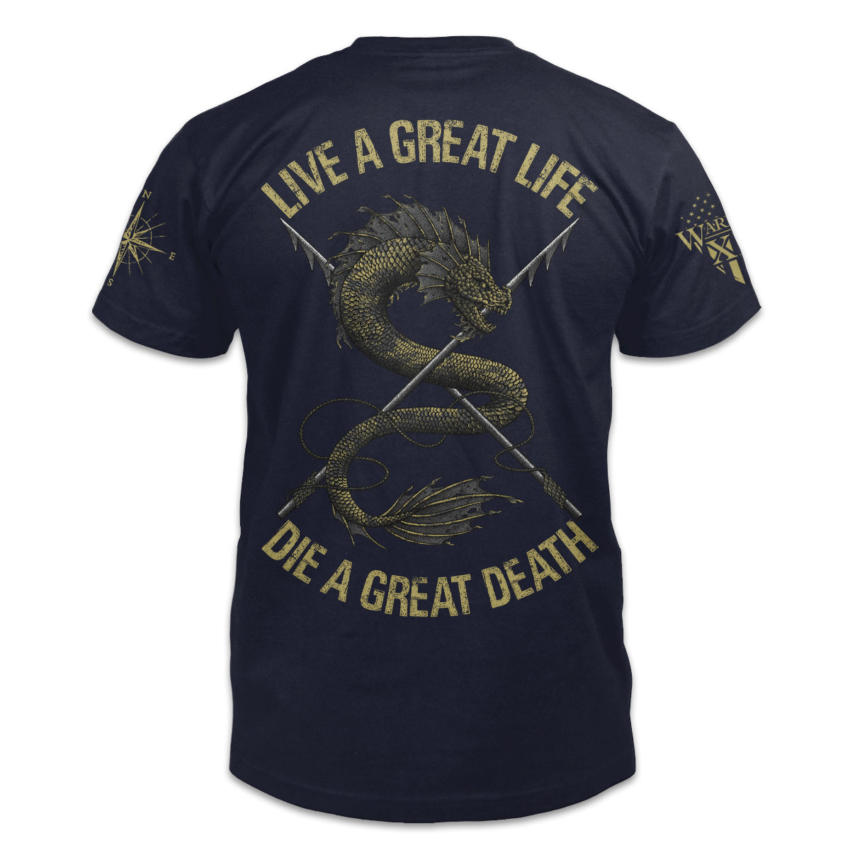 A navy blue t-shirt with the words "Live a Great Life. Die A Great Death" with a sea creature and two spears printed on the back of the shirt.