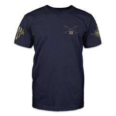 A navy blue t-shirt with two spears crossed over with XII printed on the front.