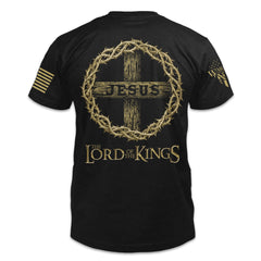 A black t-shirt with the words "Jesus - The Lord of the Kings" with a reef printed on the back of the shirt.