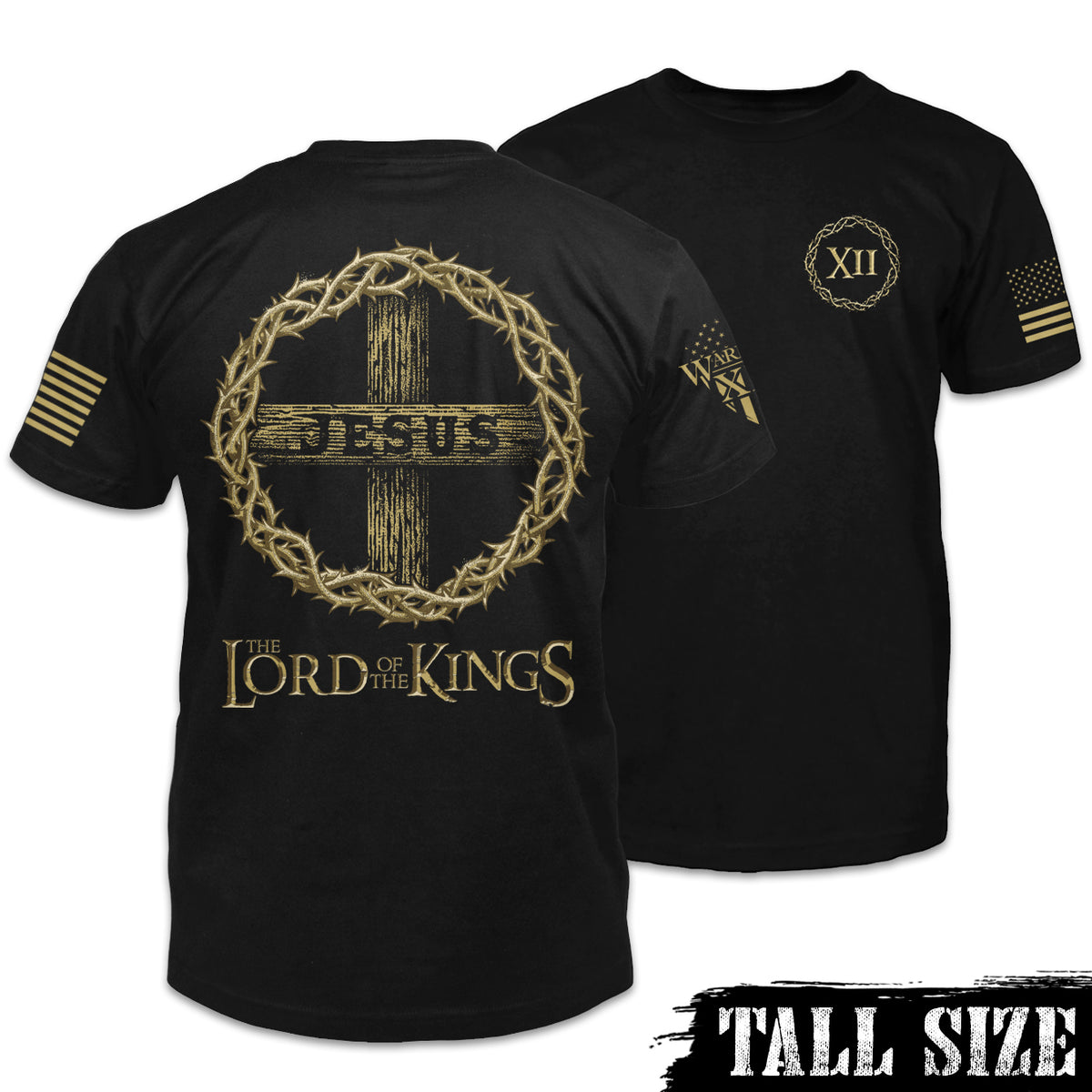 Lord of Front & back black tall size shirt with the words "Jesus - The Lord of the Kings" with a reef printed on the shirt.