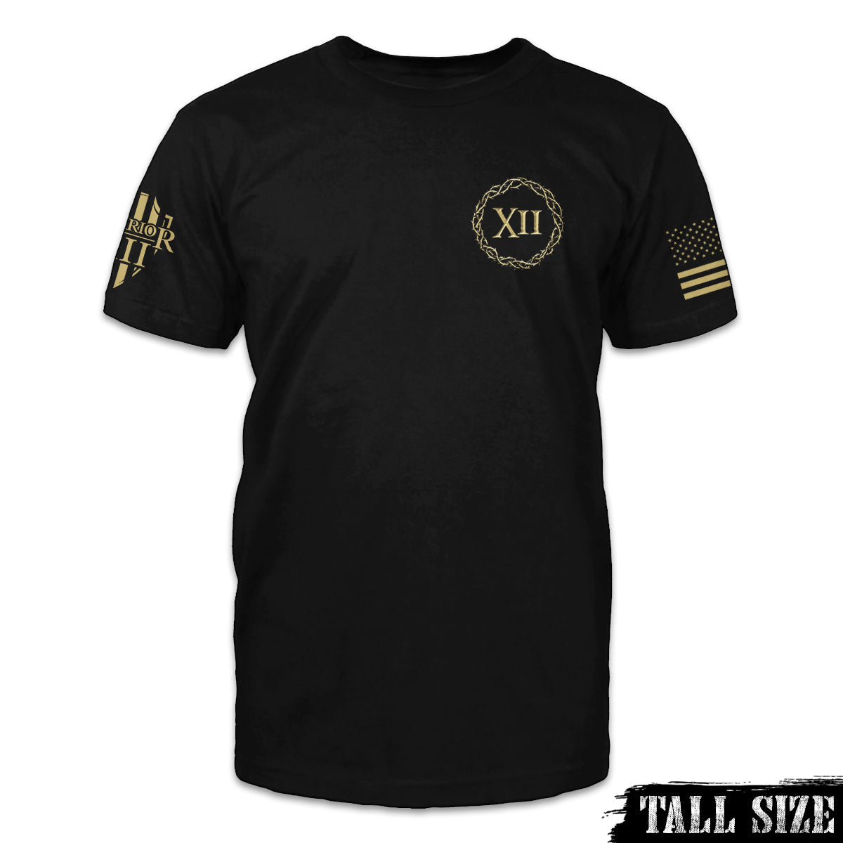 A black tall size shirt with XII with a gold chained reef printed on the front.