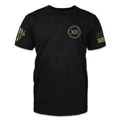 A black t-shirt with XII with a gold chained reef printed on the front.