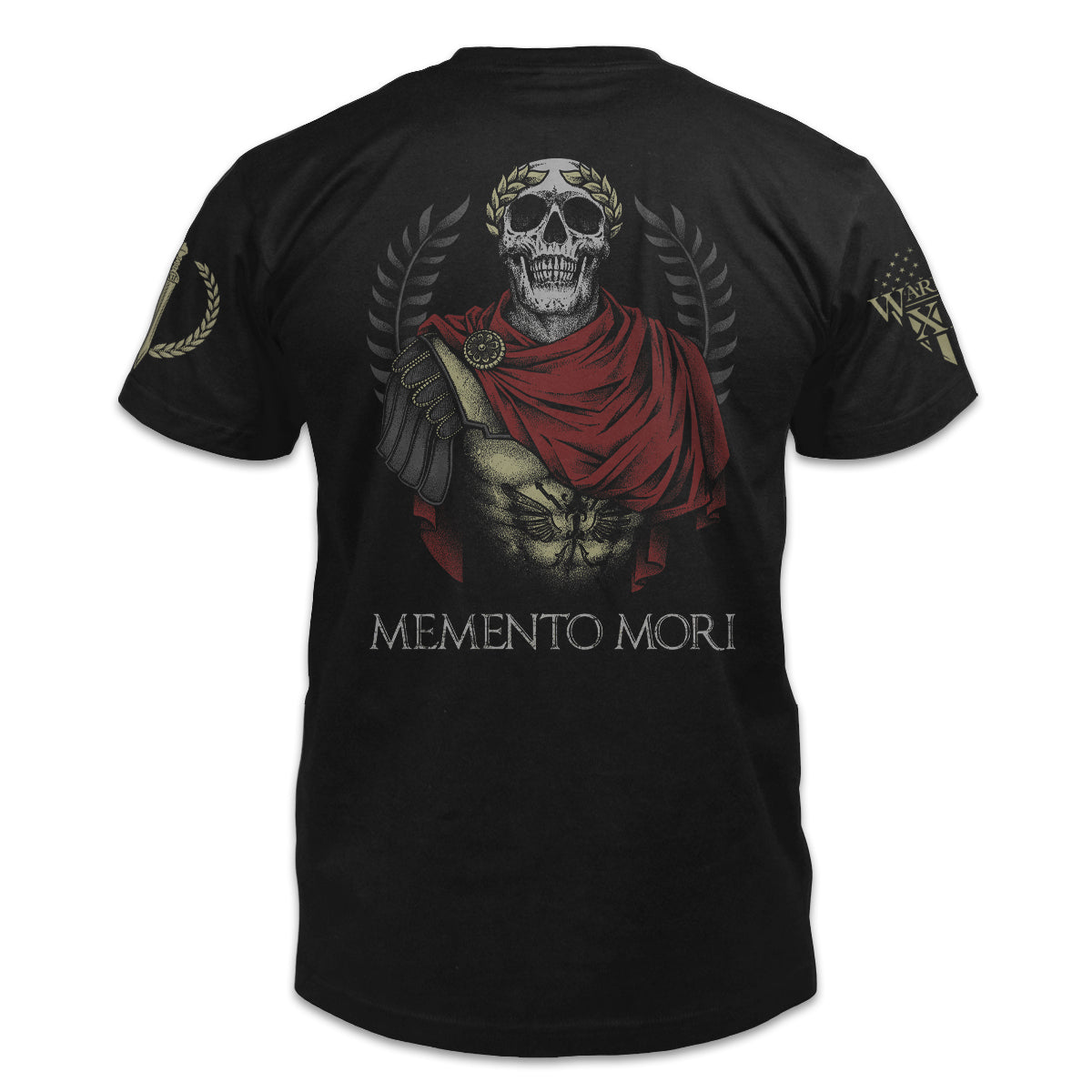 A black t-shirt with the words "Memento Mori" features a roman general and pays tribute to the practice of reflecting on one's mortality printed on the back of the  shirt. 