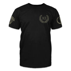 A black shirt with a crest and the roman numerals XII printed on the front.