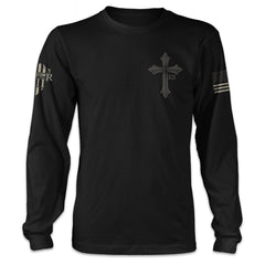 A black long sleeve shirt with the cross printed on the front.