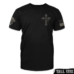 A black t-shirt with the cross printed on the front.