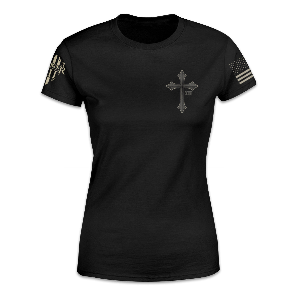 A black women's relaxed fit'shirt with the cross printed on the front.