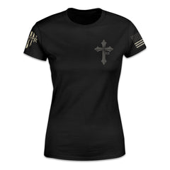 A black women's relaxed fit shirt with the cross printed on the front.