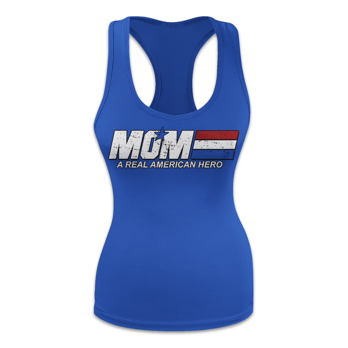 A blue women's tank top with the words "Mom: A Real American Hero" printed on the front.
