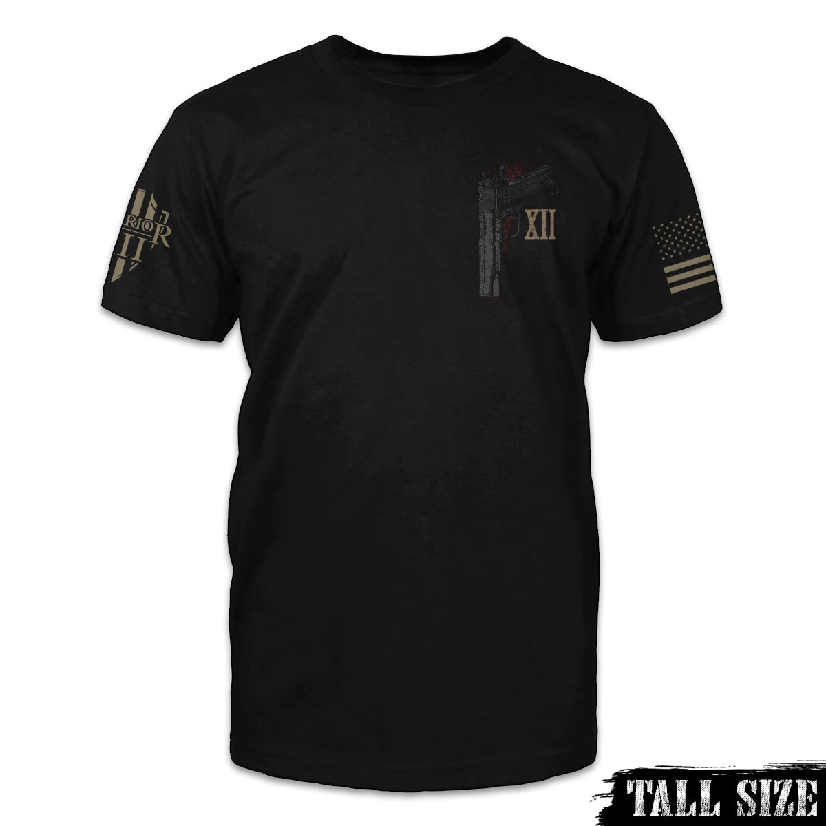 A black tall size shirt with a pistol printed on the front.