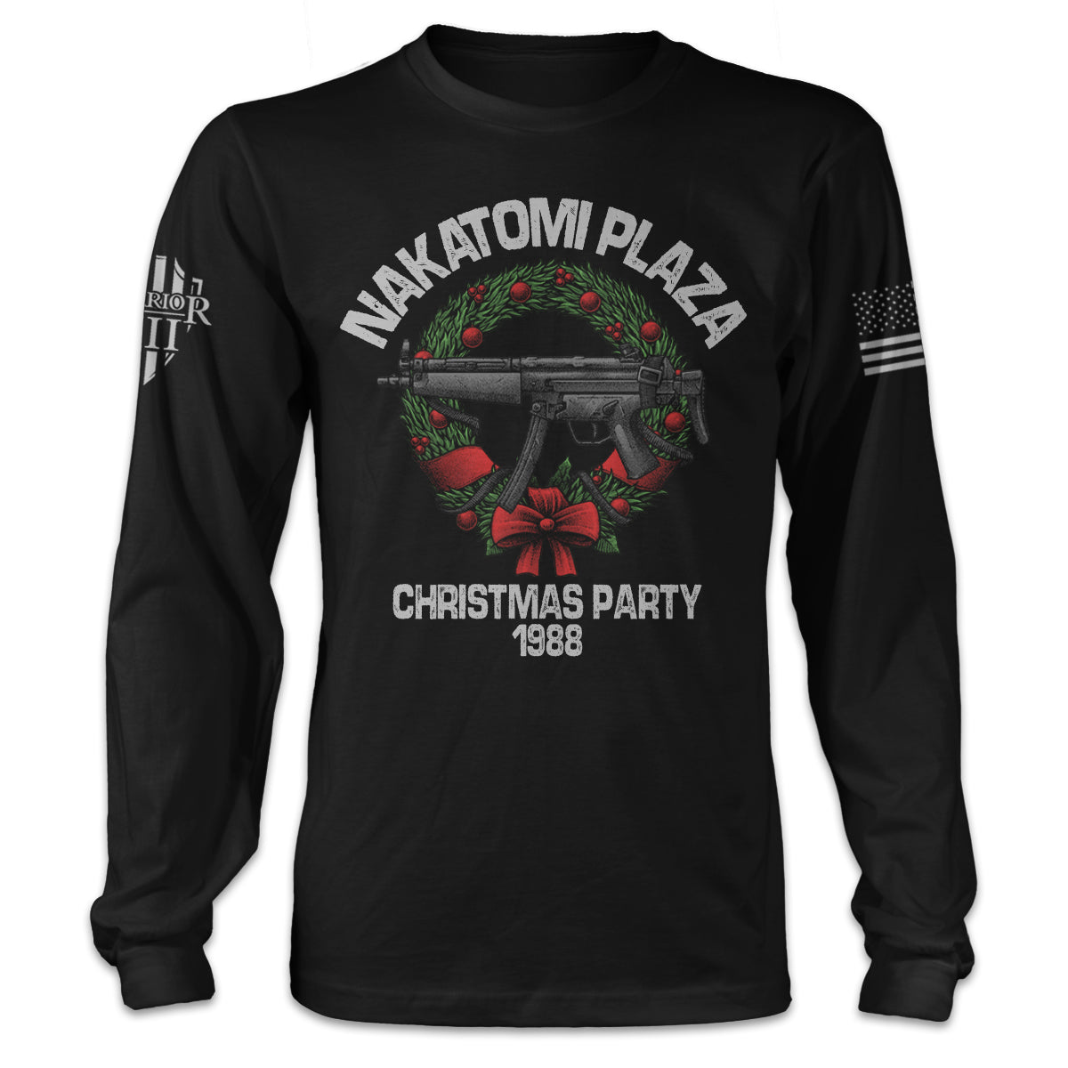 A black long sleeve shirt with the words "Nakatomi Plaza Christmas Party - 1988" with a gun inside a reef printed on the front of the shirt.