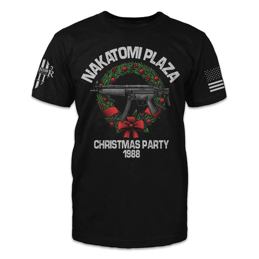 A black t-shirt with the words "Nakatomi Plaza Christmas Party - 1988" with a gun inside a reef printed on the front of the shirt.