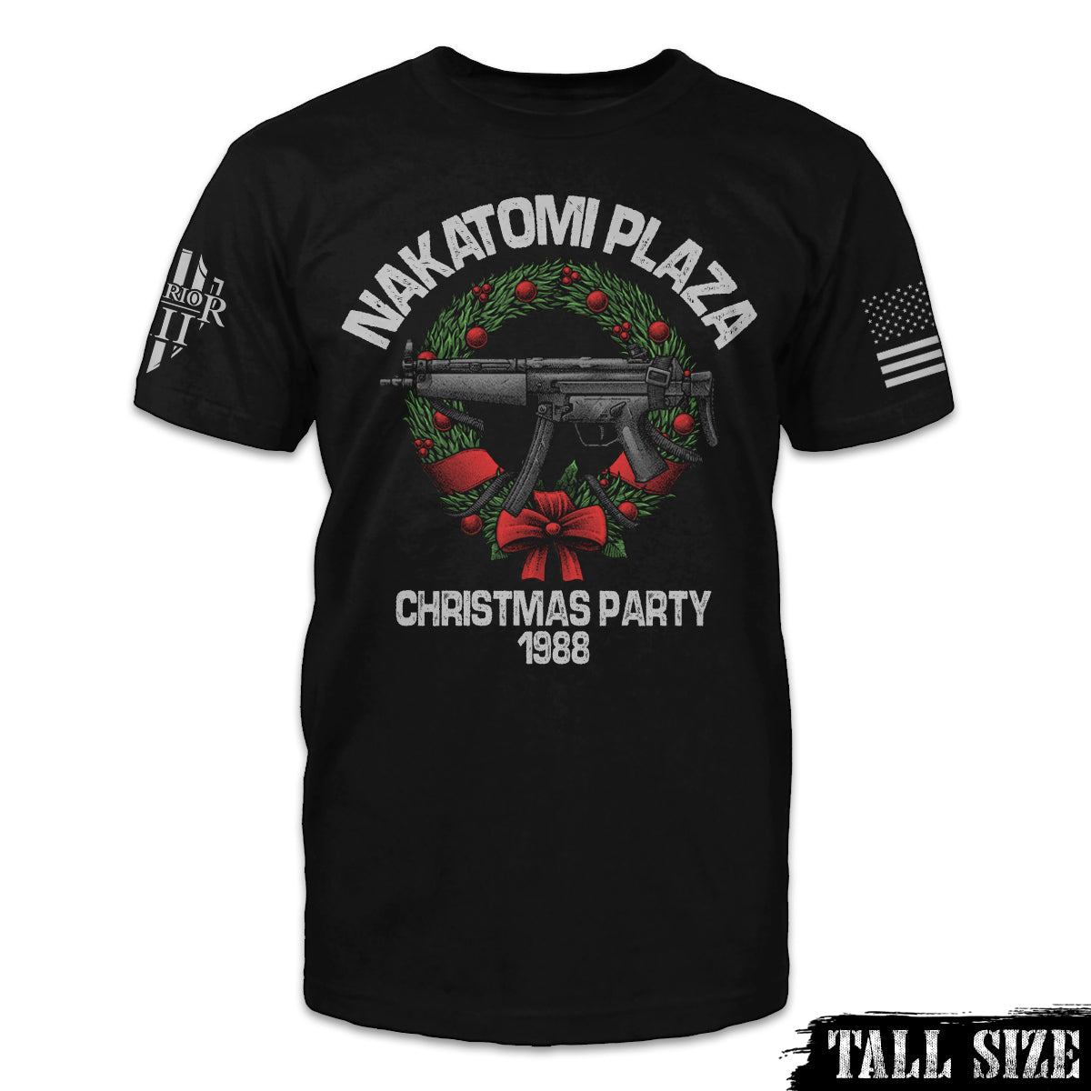 A black tall size shirt with the words "Nakatomi Plaza Christmas Party - 1988" with a gun inside a reef printed on the front of the shirt.