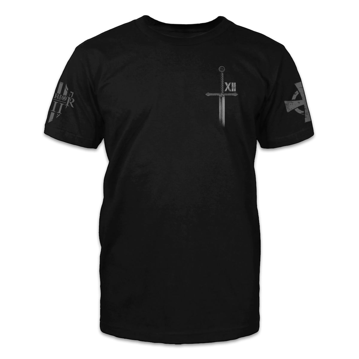 A black t-shrit with a sword printed on the front of the shirt.