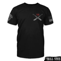 Two machetes printed on the front of a black tall size shirt.