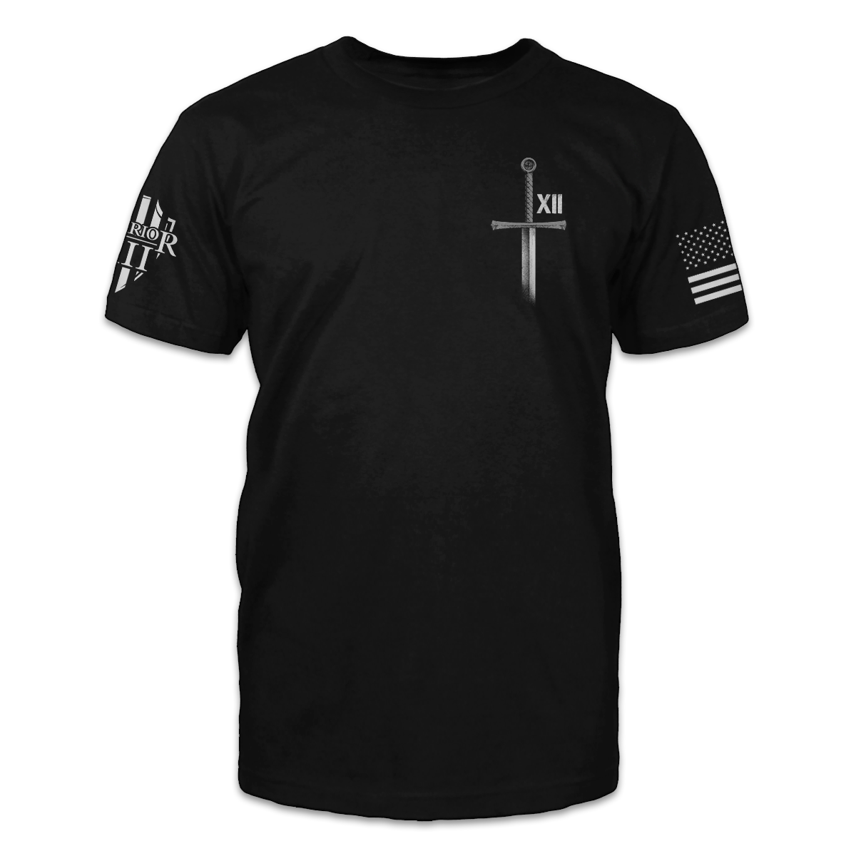 A black t-shirt with a sword printed on the front of the shirt. 