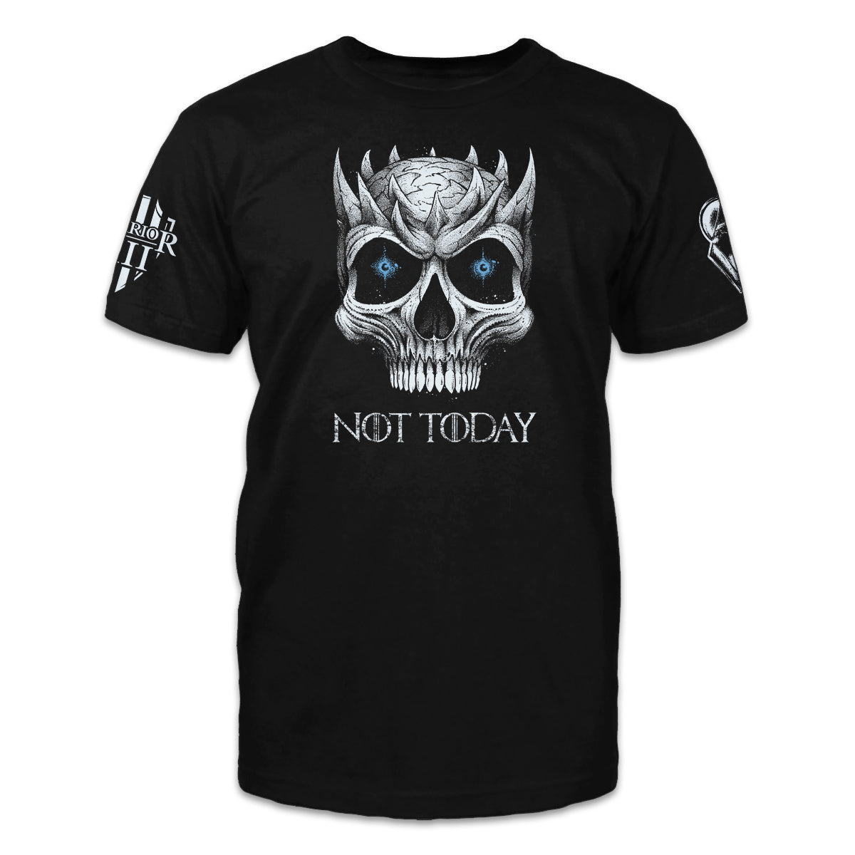 A black t-shirt with the words "Not today" printed on the front with a skull.