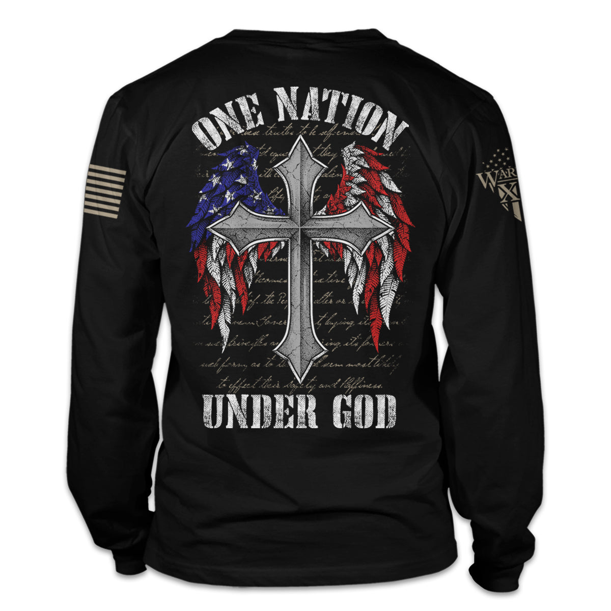 A black long sleeve shirt with the words " one nation under God" with a cross with USA Flag wings printed on the back of the shirt.