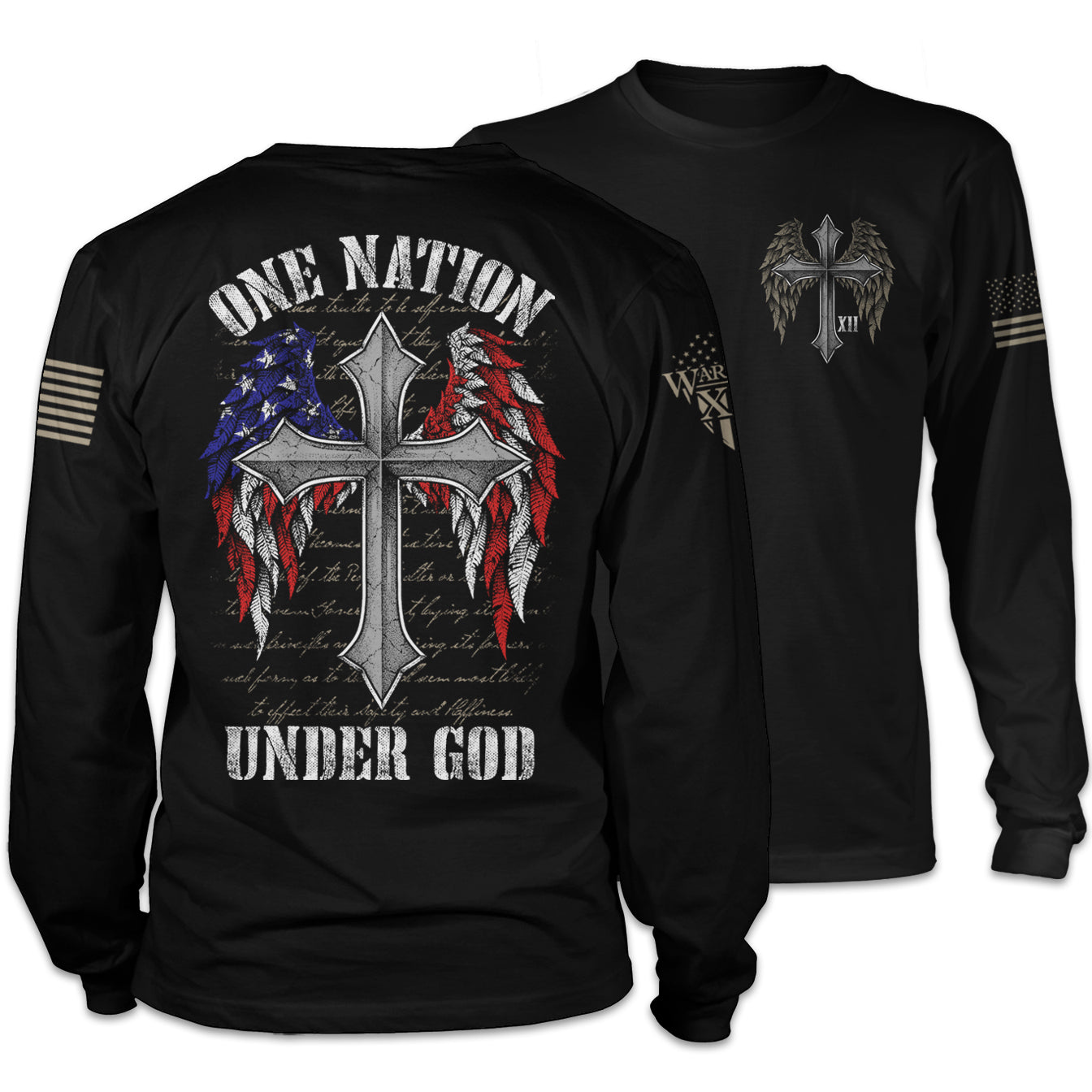 Front & back black long sleeve shirt with the words " one nation under God" with a cross with USA Flag wings printed on the shirt.