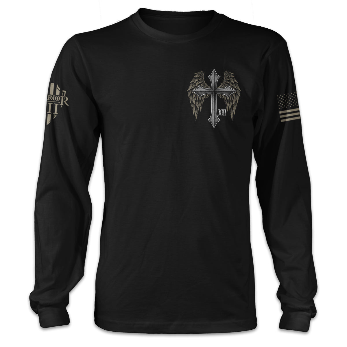 A black long sleeve shirt with a cross with wings printed on the front.