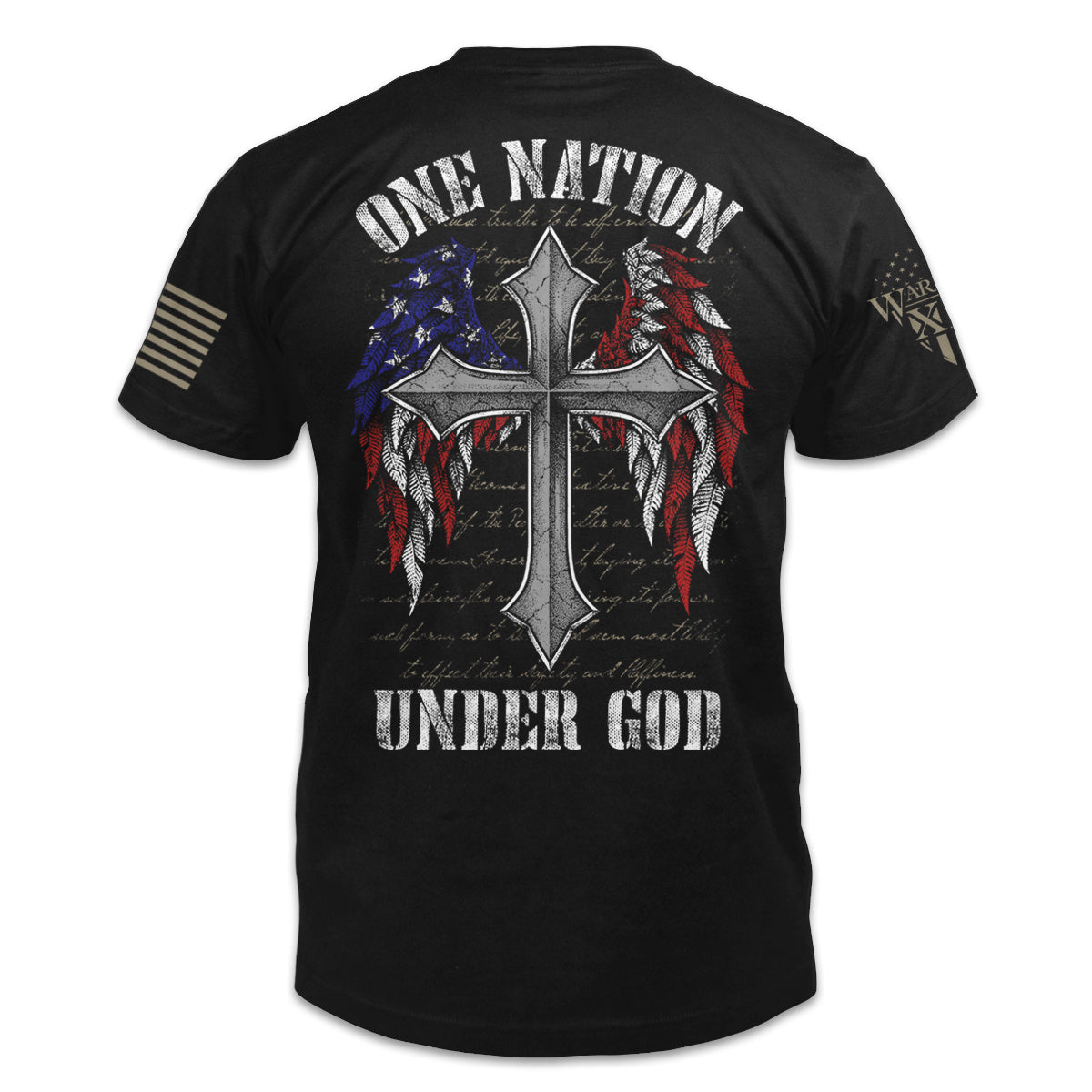 A black t-shirt with the words " one nation under God" with a cross with USA Flag wings printed on the back of the  shirt.