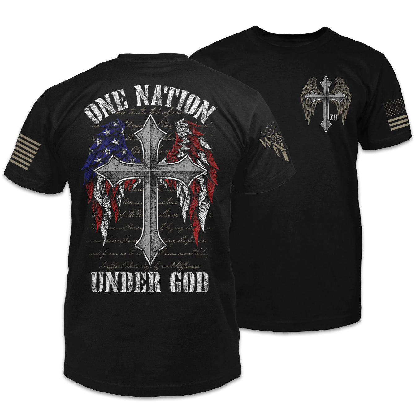 Front & back black t-shirt with the words " one nation under God" with a cross with USA Flag wings printed on the shirt.