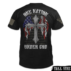 A black tall size shirt with the words " one nation under God" with a cross with USA Flag wings printed on the back of the shirt.