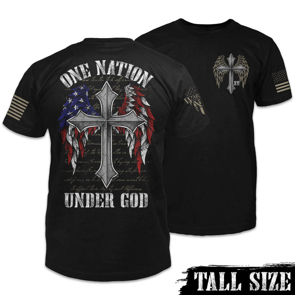 Front & back black tall size shirt with the words " one nation under God" with a cross with USA Flag wings printed on the shirt.