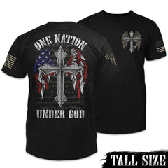 Front & back black tall size shirt with the words " one nation under God" with a cross with USA Flag wings printed on the shirt.