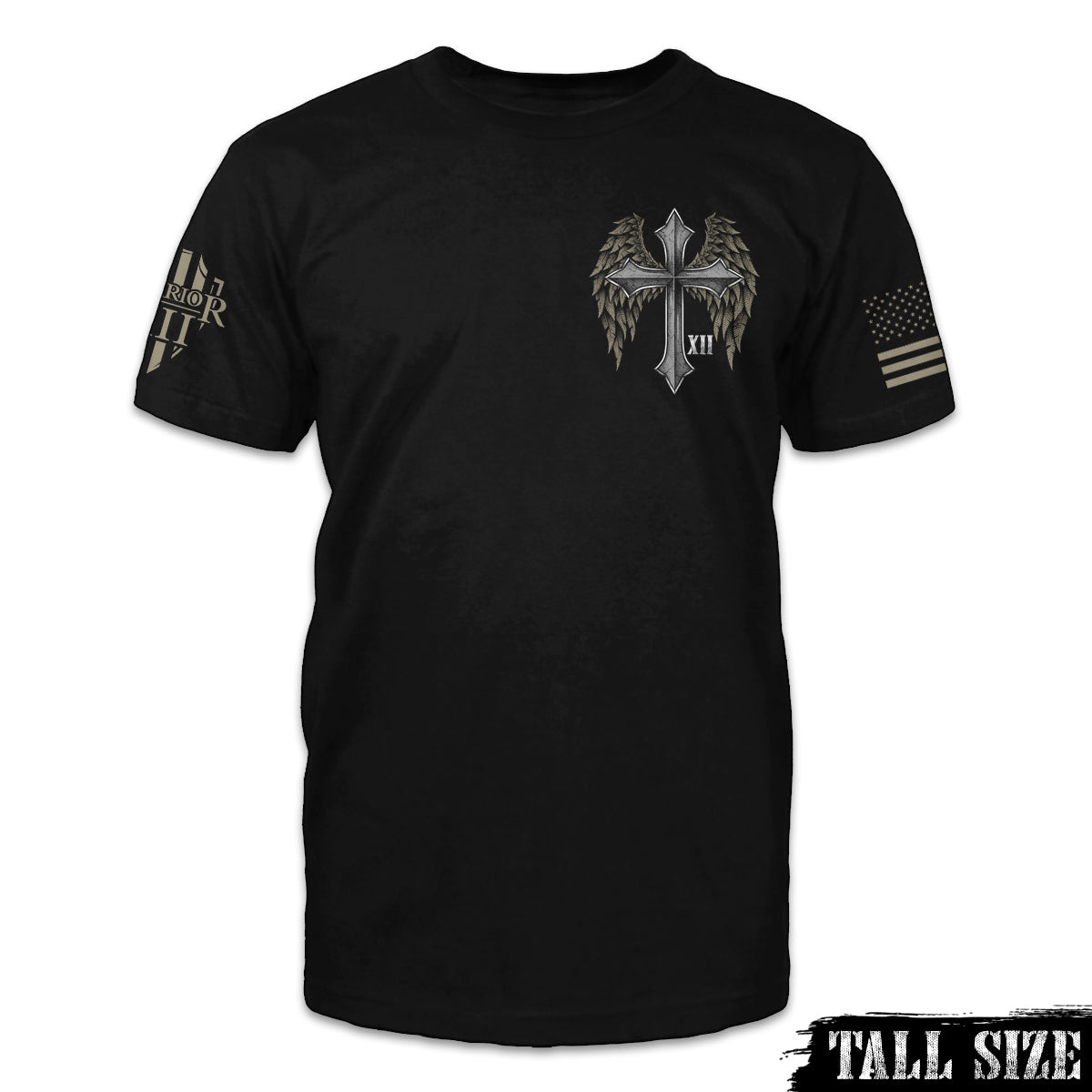 A black tall size shirt with a cross with wings printed on the front.