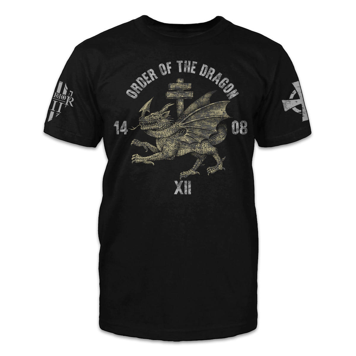 A black t-shirt with the words "Order of the dragon" with a dragon printed on the front.