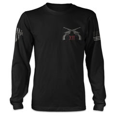 A black long sleeve shirt with two pistols crossed over with the words "XII" printed on the front.