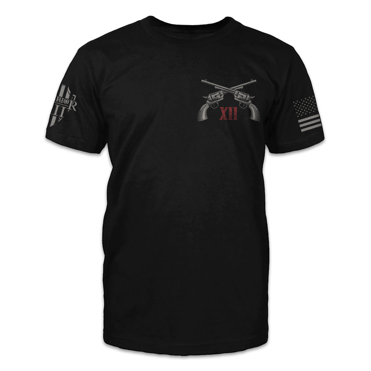 A black t-shirt with two pistols crossed over with the words "XII" printed on the front.