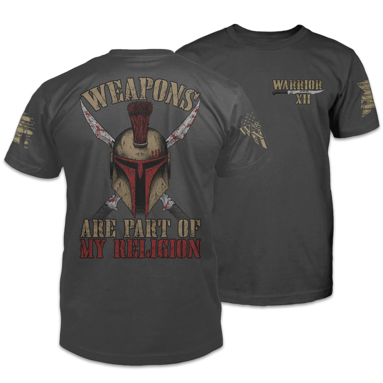 Front and back dark grey t-shirt with the words "Weapons are part of my religion" with a spartan helmet printed on the shirt.