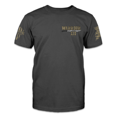 A dark grey t-shirt with the words "Warrior XII" and a knife printed on the front of the shirt.