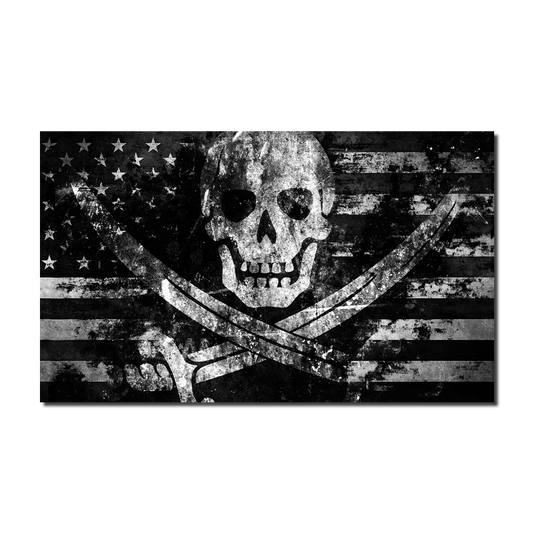 A decal and combination of the iconic Jack Rackham Pirate flag appearing through the American flag.