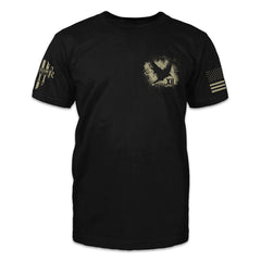 A black t-shirt with the outline of a bird printed on the front of the shirt.