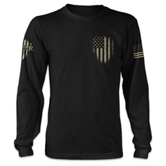 A black long sleeve shirt with a USA flag emblem printed on the front of the shirt.