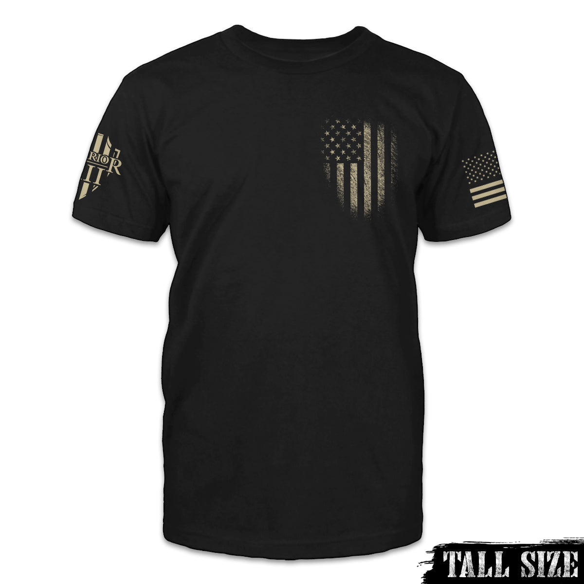 A black tall size shirt with a USA flag emblem printed on the front of the shirt.